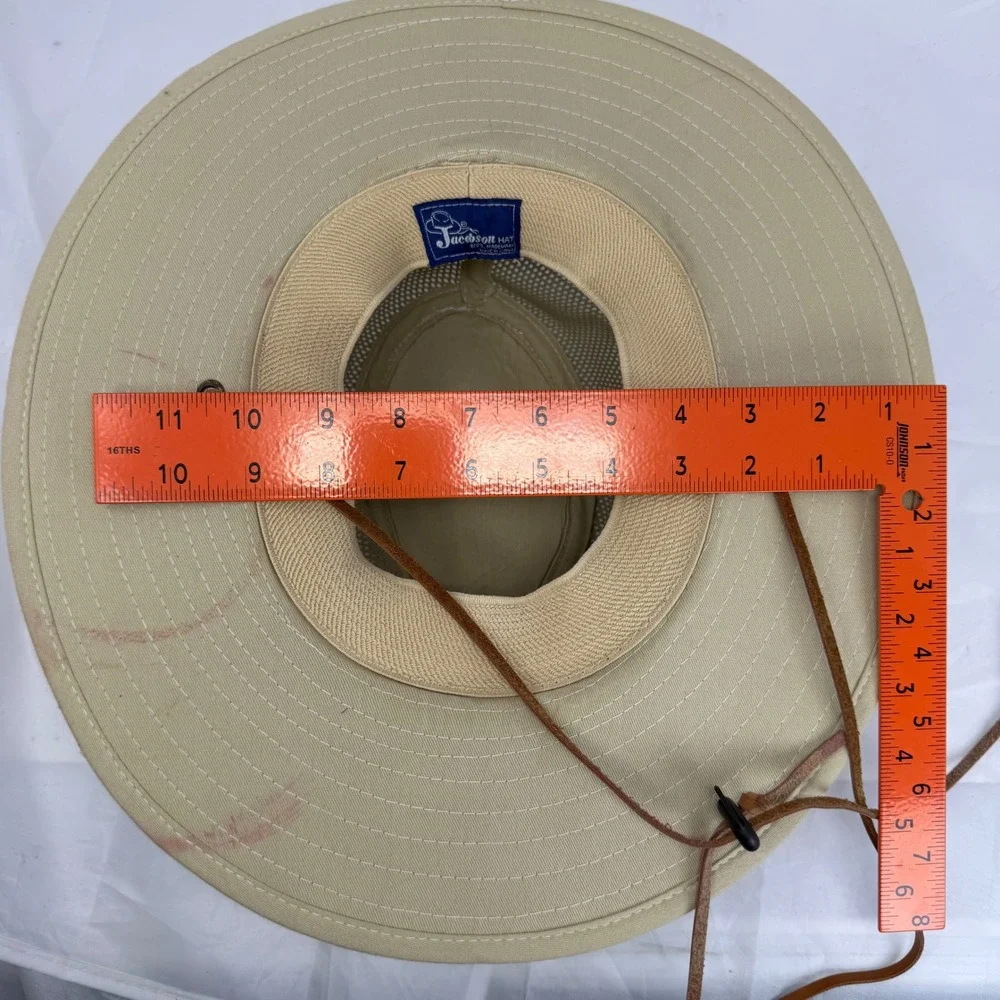 Jacobson Hat Company Tan Mesh Safari Sun Hat Leather Chin Strap Wide Brim Hat